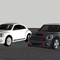 Two Stylish Cars White Volkswagen Beetle And Dark MINI Cooper Parked On Open Road Outdoor