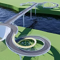 Modern Landscape Bridge With Circular Structures Over Water And Green Surroundings 3d model