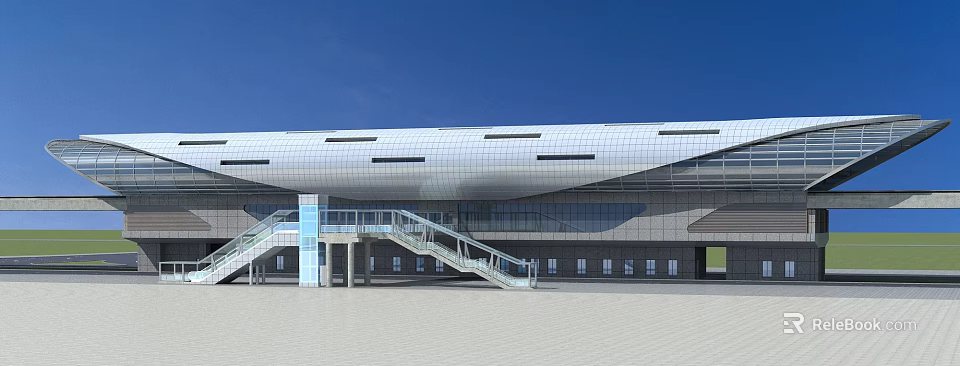 Modern Large Public Building Featuring Curved White Roof Black Windows Glass Facade And Staircase 3d model 