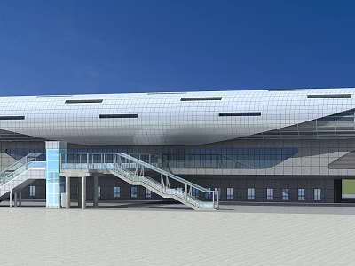 Modern Large Public Building Featuring Curved White Roof Black Windows Glass Facade And Staircase 3d model