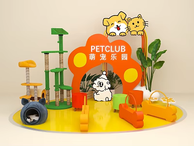 Pet Club Photo Spot With Cartoon Pet Characters Cat Trees Pet Toys And Plants 3d model