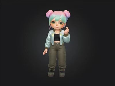 Cartoon Character With Pink And Light Blue Pigtails In Stylish Outfit Making OK Gesture 3d model