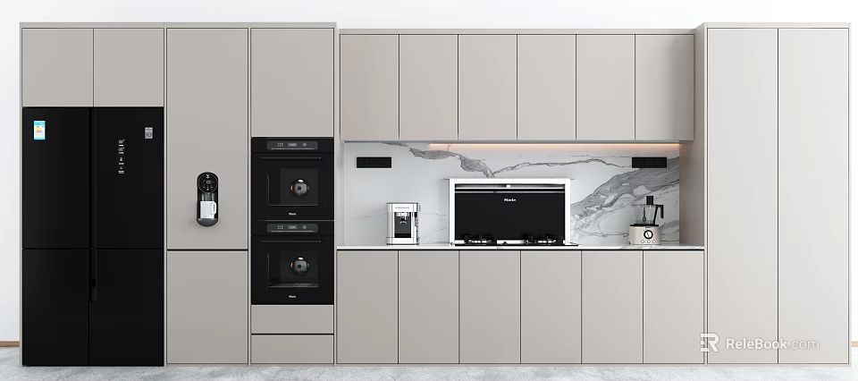 Sleek Modern Gray Wine Cabinet Design For Kitchen With Marble Countertop And Built in Appliances 3d model 