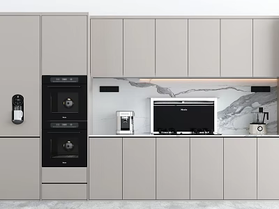 Sleek Modern Gray Wine Cabinet Design For Kitchen With Marble Countertop And Built in Appliances 3d model