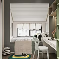 Tatami Bedroom Interior With Built in Shelves Desk Chair Window Blinds And Decorative Items