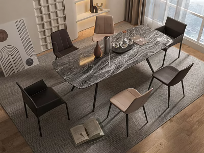 Modern Dining Table Set With Marble Top And Contrasting Color Leather Chairs In Modern Interior 3d model