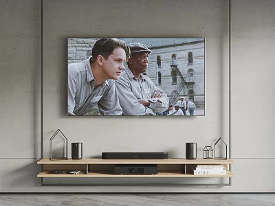 Wall Mounted TV Showing People Scene On Wooden Stand With Decorative Accessories 3d model