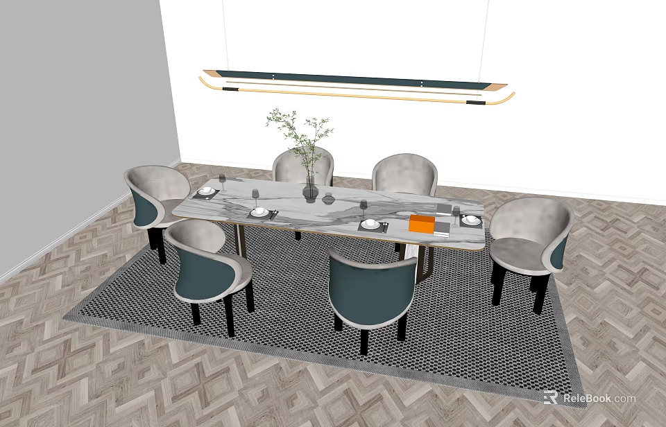 Modern Dining Table Set With Six Chairs Marble Top Pendant Light And Patterned Rug 3d model