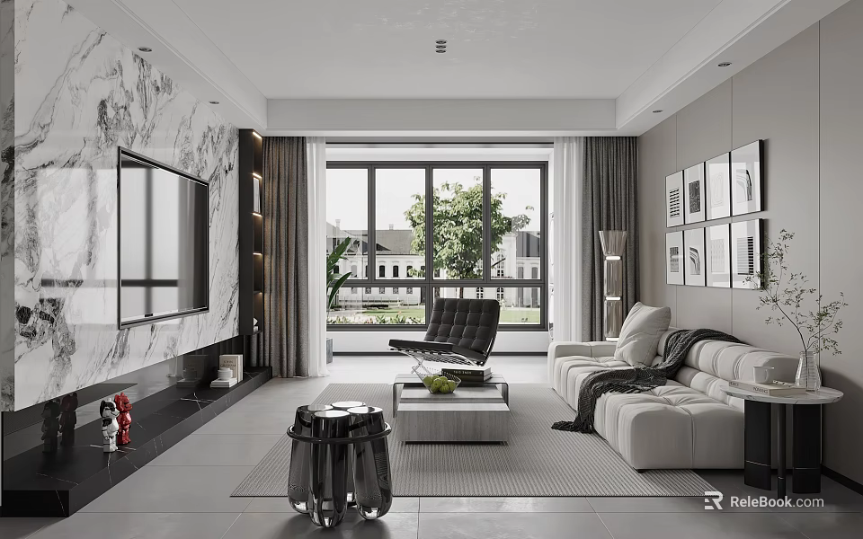 Modern Living Room Interior Design With White Sofa Marble TV Backdrop And Large Window View 3d model 