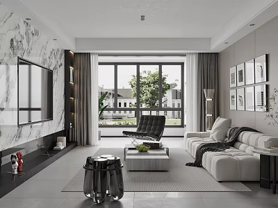 Modern Living Room Interior Design With White Sofa Marble TV Backdrop And Large Window View 3d model