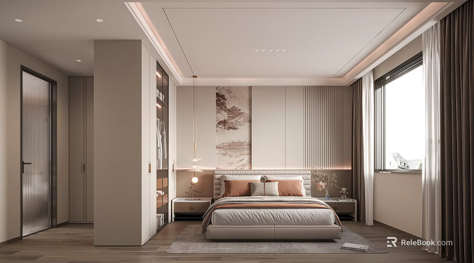Modern Bedroom Interior With Comfortable Bed Decorative Art And Soft Lighting 3d model