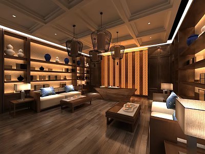 Chinese Style Private Room Interior With Wooden Furniture Hanging Lanterns Sofa Coffee Table And Bookshelves 3d model