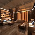 Chinese Style Private Room Interior With Wooden Furniture Hanging Lanterns Sofa Coffee Table And Bookshelves