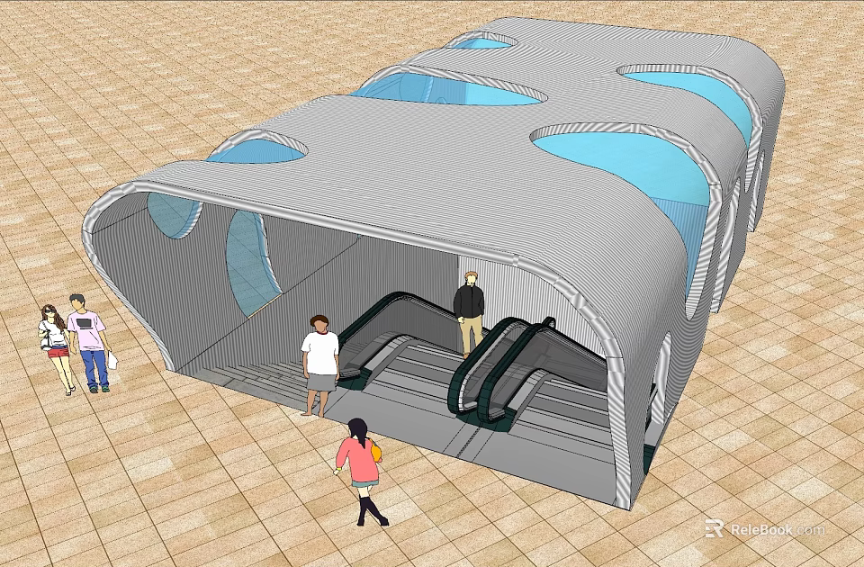 Modern Covered Walkway Structure With Escalators Curved Roof And Blue Panels 3d model 