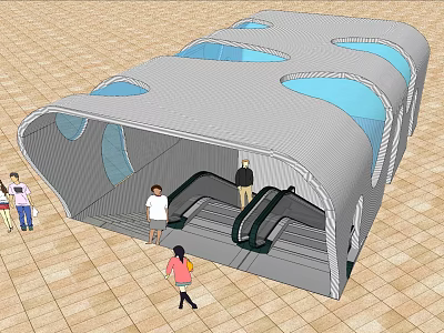 Modern Covered Walkway Structure With Escalators Curved Roof And Blue Panels 3d model