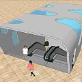 Modern Covered Walkway Structure With Escalators Curved Roof And Blue Panels