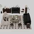 Modern Living Room Sofa and Coffee Table Set with Chairs Stools Striped Rug and Fireplace