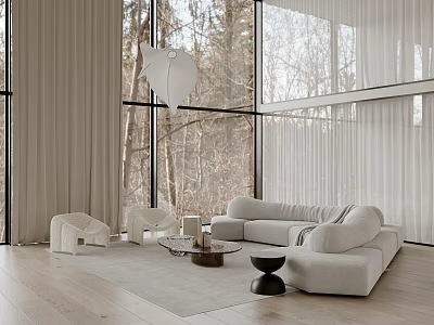 Modern Loft Living Room Interior With Large Windows And Light Furniture 3d model