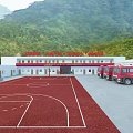 Industrial Factory With Red And White Exterior In Mountainous Green Landscape