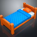Single Bed with Wooden Frame Blue Patterned Bedspread and Orange Pillow 3d model