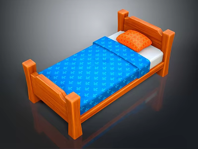 Single Bed with Wooden Frame Blue Patterned Bedspread and Orange Pillow 3d model