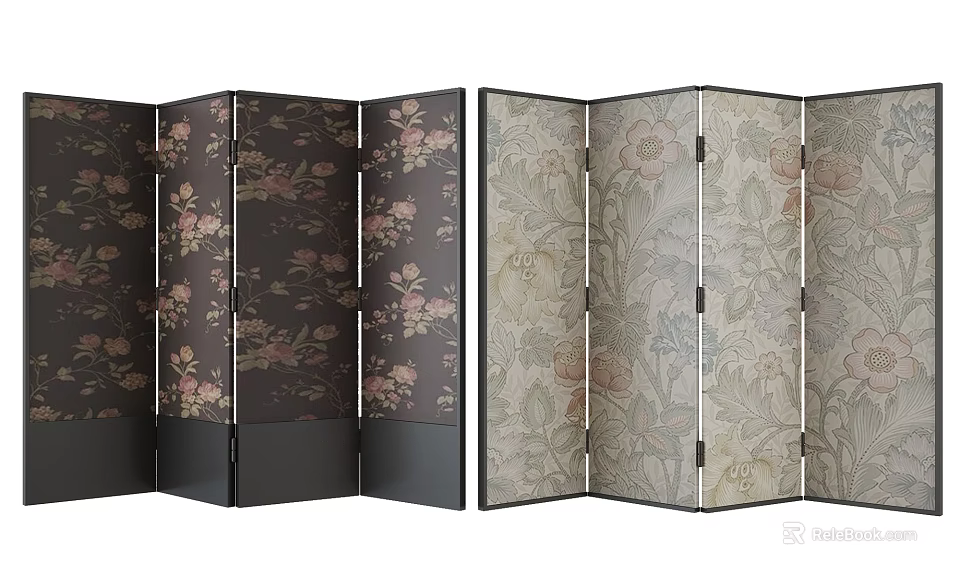 Decorative Folding Screens With Floral Patterns On Dark And Light Backgrounds 3d model