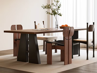 Modern Wooden Dining Table and Chairs Set With Potted Plant Fruits and Book 3d model