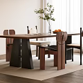 Modern Wooden Dining Table and Chairs Set With Potted Plant Fruits and Book