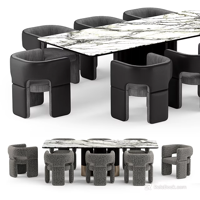 Modern Dining Table Set With Marble Top And Black Leather Chairs 3d model