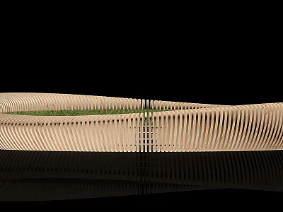 Public Chair With Curved Wooden Slats And Green Grass On Top Design 3d model