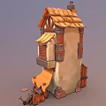 Cartoon Style Building Scene With Wooden Door Decorations And Items
