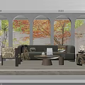 Living Room Interior Design With Arched Windows Autumn Foliage View Green Sofa And Decor Elements