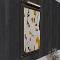 Abstract White Yellow Artwork On Dark Wooden Wall With Decorative Plant