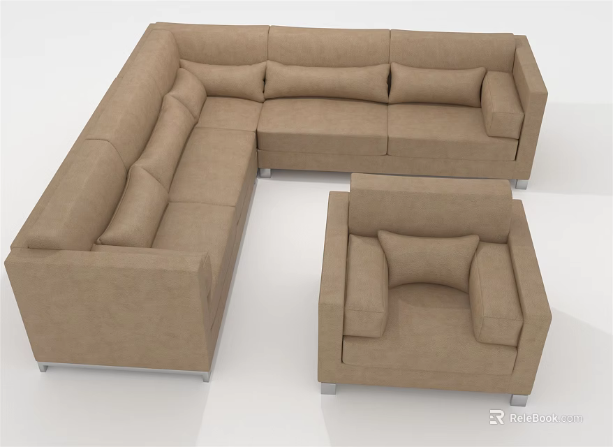 Beige Fabric L Shaped Sofa Set With Modern Design And Matching Armchair 3d model 