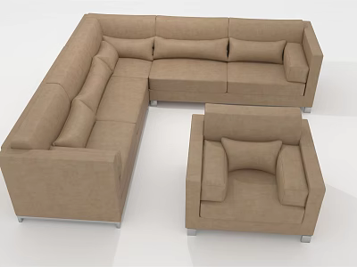 Beige Fabric L Shaped Sofa Set With Modern Design And Matching Armchair 3d model