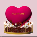 Red Plush Heart with "Fall in Love" Text and Decorative Lights Flowers on Golden Stand