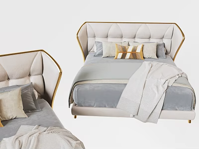 Elegant Double Bed With Gold Accent Upholstered Headboard Beige Gray Pillows And Draped Blanket 3d model