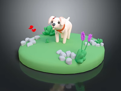 Cute Puppy Figure On Green Grass Base With White Stones Red Butterflies And Purple Flowers 3d model