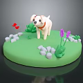 Cute Puppy Figure On Green Grass Base With White Stones Red Butterflies And Purple Flowers