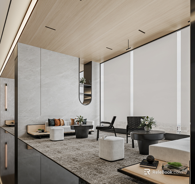 Contemporary Lounge Area With Comfortable Sofa Lounge Chair Side Tables And Green Plants 3d model 