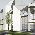 Modern Sales Office Building With White Walls Large Glass Windows And Trees Around