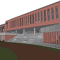 Modern Red Brick School Building Facade With Large Windows Open Green Space And Red Track