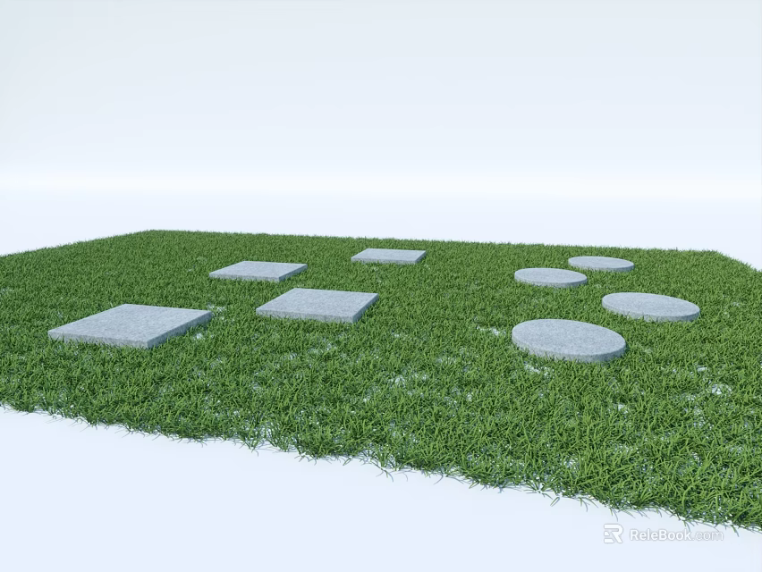 Lush Green Grass Lawn With Multiple Square And Circular Stone Slabs 3d model 