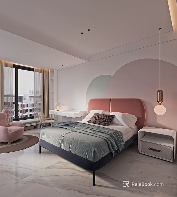 Soft Pink Kids Bedroom With Bed Desk Nightstand And Armchair 3d model 