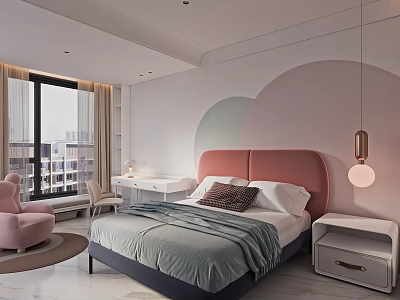 Soft Pink Kids Bedroom With Bed Desk Nightstand And Armchair 3d model