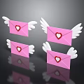 Four Decorative Pink Envelopes With White Wings Red Hearts And Reflections On Black Background