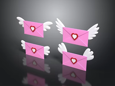 Four Decorative Pink Envelopes With White Wings Red Hearts And Reflections On Black Background 3d model