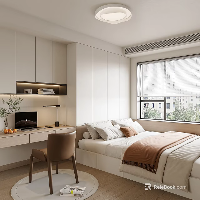 Modern Minimalist Tatami Bedroom Interior With White Cabinets Desk And Cozy Bedding 3d model 