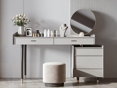 Modern Dressing Table Interior With Round Mirror Velvet Stool And Cosmetics 3d model