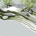 Modern Building Facade with Black White Green Stripes Wavy Structure Blue Sky Trees Background